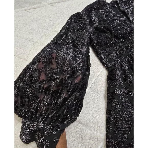 Jayna Vtg  Black Metallic Deep V Neck Party Dress Brocade Bishop Sleeve Size S - Picture 7 of 13